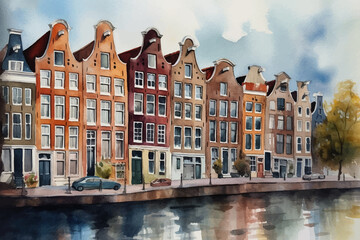 Cityscape of old waterfront houses painted in watercolor on textured taupe paper. Digital watercolor painting