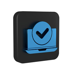 Blue Laptop icon isolated on transparent background. Computer notebook with empty screen sign. Black square button.