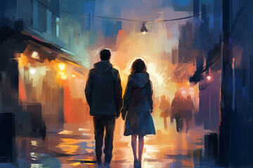 Couple in the night, man, woman walking through a city at night, painted in watercolor on textured paper. Digital watercolor painting