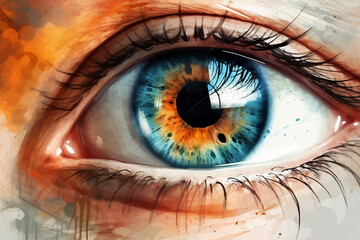 Girl's eye brown, green, blue, macro, painted with watercolor on textured paper. Digital watercolor painting - obrazy, fototapety, plakaty