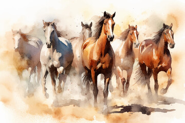 A herd of white and brown horses galloping, Watercolor Painting