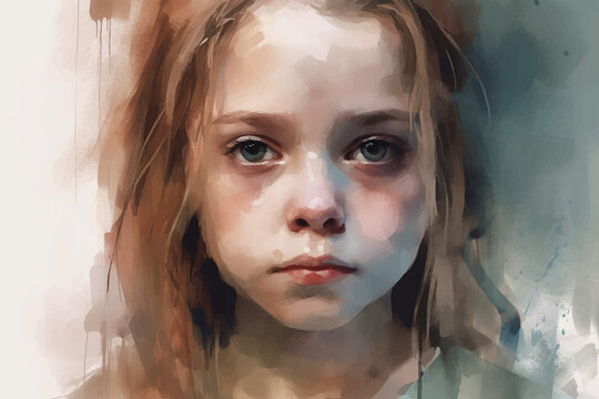 Girl with weeping eyes, portrait painted with watercolors on textured paper. Digital Watercolor Painting