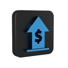 Blue Financial growth and coin icon isolated on transparent background. Increasing revenue. Black square button.