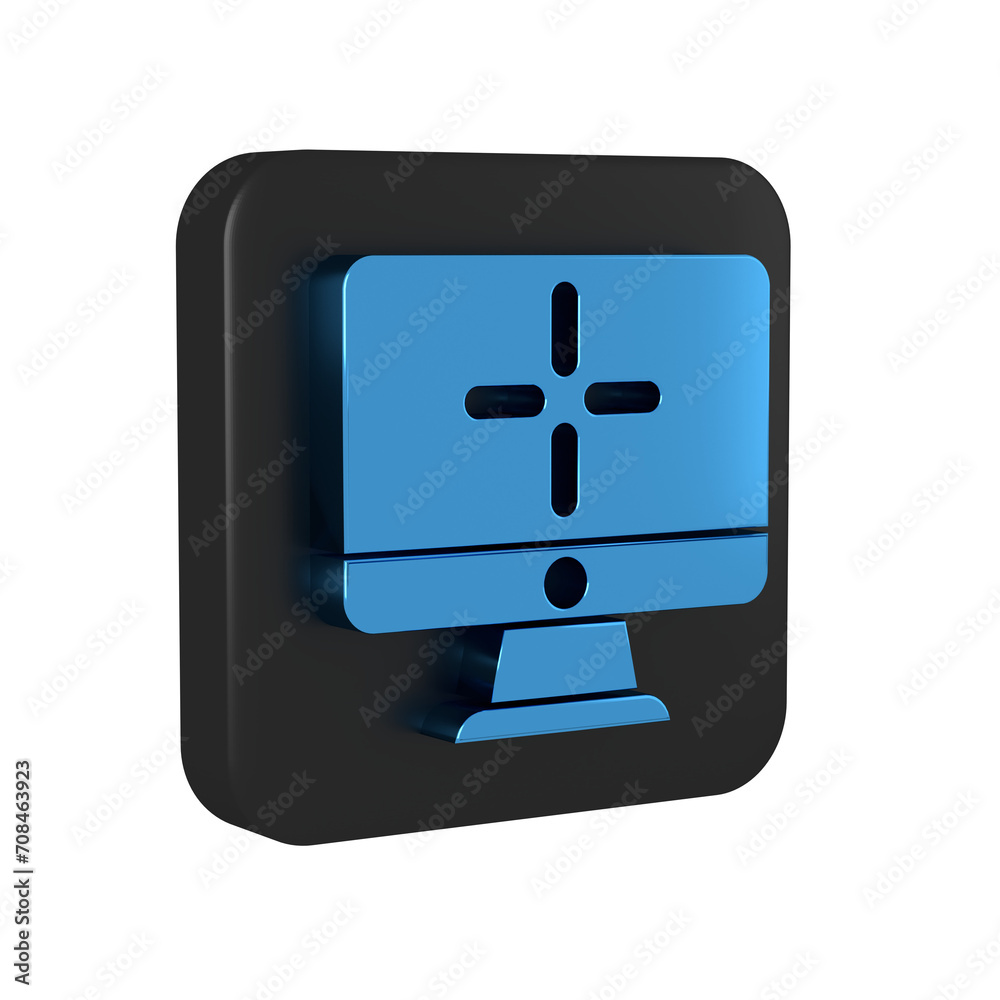 Poster blue computer monitor icon isolated on transparent background. pc component sign. black square butto