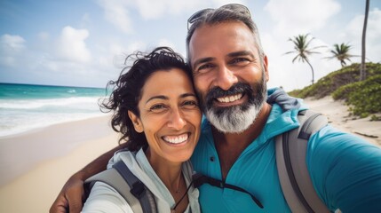 Fototapeta premium Middle-Aged Indian Couple Capturing a Beach Selfie