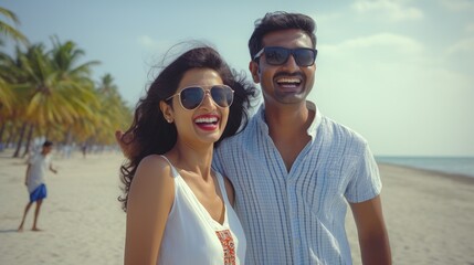 Joyful Indian Couple on Beach with sunglasses