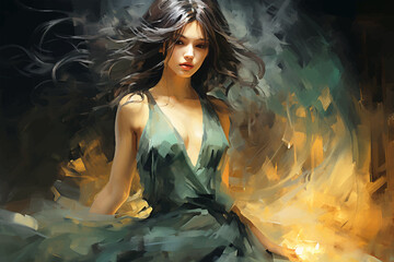 Beautiful dark-haired girl with developing hair in a green evening dress, painted with watercolor paints