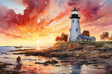 New London harbor lighthouse, sunset, seascape painted in watercolor on textured paper. Digital watercolor painting