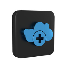 Blue Add cloud icon isolated on transparent background. Data storage on the cloud. Black square button.