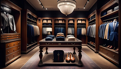 Photo of an antique interior of a boutique shop with a luxury men's wardrobe filled with expensive suits, shoes and other clothing - obrazy, fototapety, plakaty
