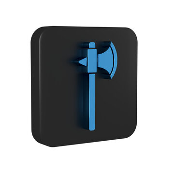 recommend clip art: Blue Medieval axe icon isolated on transparent background. Battle axe, executioner axe. Black square button.