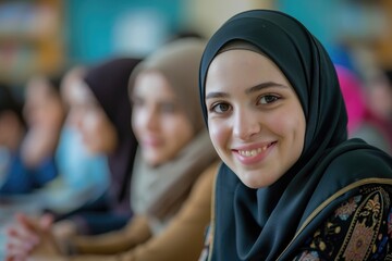 Young Muslim student with a hijab attending a school lecture, gazing at the camera with a smile 