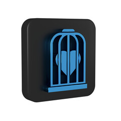 Blue Heart in the bird cage icon isolated on transparent background. Love sign. Valentines symbol. Black square button.