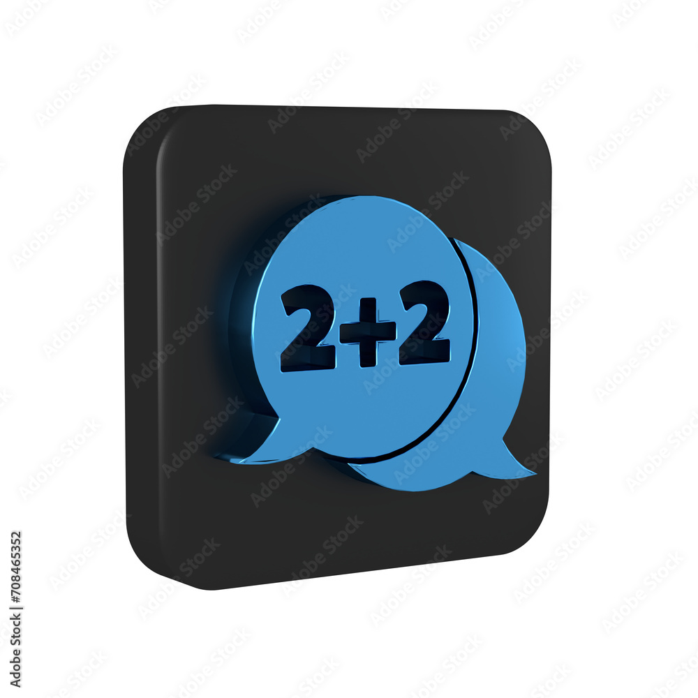 Sticker Blue Math system of equation solution on speech bubble icon isolated on transparent background. Black square button.