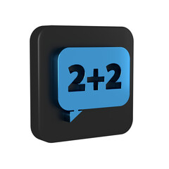 Blue Math system of equation solution on speech bubble icon isolated on transparent background. Black square button.