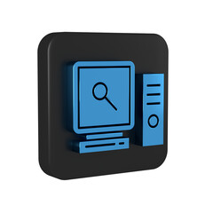 Blue Search on computer screen icon isolated on transparent background. Screen and magnifying glass. Black square button.