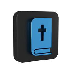 Blue Holy bible book icon isolated on transparent background. Black square button.