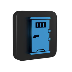 Blue Prison cell door with grill window icon isolated on transparent background. Black square button.