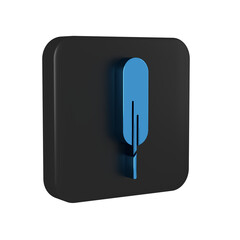 Blue Feather pen icon isolated on transparent background. Black square button.