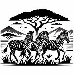 Fototapeta na wymiar Three zebras in african savannah