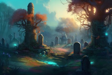 Colorful fantasy graveyard. Vibrant surrealistic memorial cemetery tombstones. Generate ai - obrazy, fototapety, plakaty