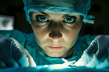 close  up portrait of a female surgeon, 40s, eyes narrowed in concentration, performing a delicate surgery. professional people, capturing the world of work. 