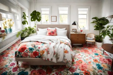 An overhead view of a bed with vibrant floral-patterned sheets, adding a touch of color to the room.