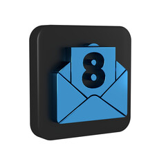 Blue Envelope with 8 March icon isolated on transparent background. Message love. Letter love and romance. International Happy Women Day. Black square button.