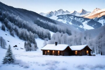 A wooden cabin nestled in a snow-covered valley, with clear skies and individual snowflakes creating a serene winter setting.