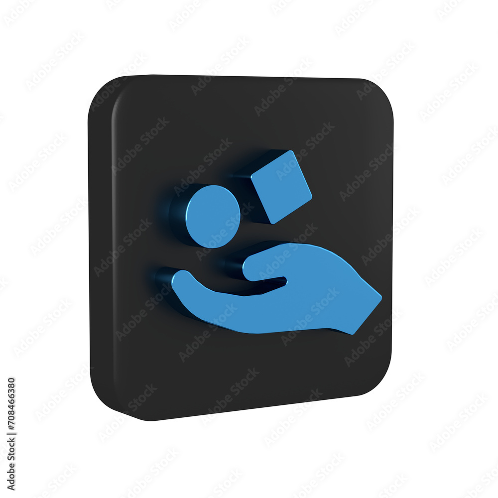 Sticker Blue Cube levitating above hand icon isolated on transparent background. Levitation symbol. Black square button.