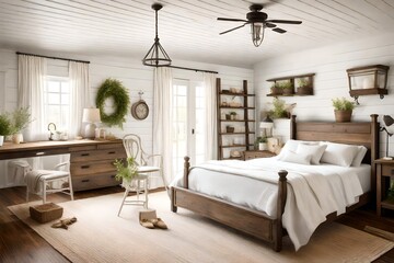Farmhouse-style bedroom with a shiplap wall, vintage decor, and a pastoral charm.