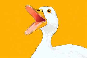 Close-up Portrait of a Cute White Goose with a Brown Beak, Staring Serenely in a Green Rural Park