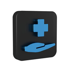 Obraz premium Blue Cross hospital medical icon isolated on transparent background. First aid. Diagnostics symbol. Medicine and pharmacy sign. Black square button.