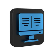 Blue Online book on monitor icon isolated on transparent background. Internet education concept, e-learning resources. Black square button.