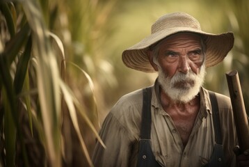 Senior farmer in sugarcane field. Farming worker in rural sugarcane plantation. Generate ai - obrazy, fototapety, plakaty