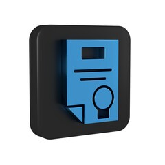 Blue Certificate template icon isolated on transparent background. Achievement, award, degree, grant, diploma concepts. Black square button.