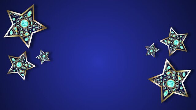 3D Gold Stars with Blue Diamonds Rotating on Blue Background. Golden decorative stars on blue background. Frame template