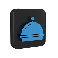 Blue Covered with a tray of food icon isolated on transparent background. Tray and lid. Restaurant cloche with lid. Kitchenware symbol. Black square button.