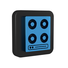 Fototapeta premium Blue Gas stove icon isolated on transparent background. Cooktop sign. Hob with four circle burners. Black square button.