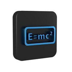 Blue Math system of equation solution icon isolated on transparent background. E equals mc squared equation on computer screen. Black square button.
