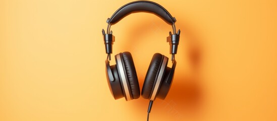 Headphones on orange background. Music concept. Top view.