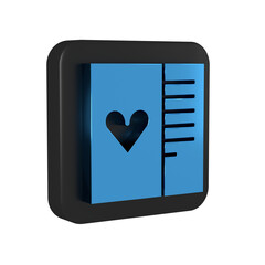 Blue Postcard with heart icon isolated on transparent background. Message love. Letter love and romance. Black square button.