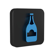 Blue Champagne bottle icon isolated on transparent background. Black square button.