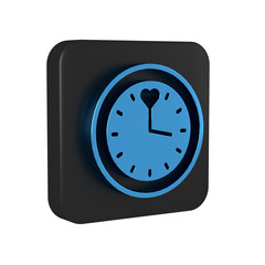Blue Clock icon isolated on transparent background. Time symbol. Black square button.