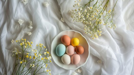 Easter eggs in on silk fabric on pastel background. Holiday banner card template with copy space