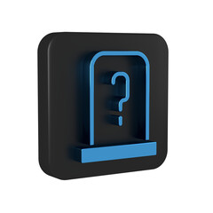Blue Grave with tombstone icon isolated on transparent background. Black square button.