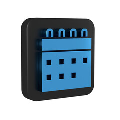 Blue Calendar icon isolated on transparent background. Event reminder symbol. Black square button.