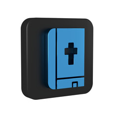 Blue Holy bible book icon isolated on transparent background. Black square button.