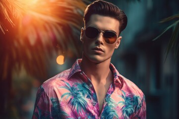 Fashion male model with sunglasses wearing colorful shirt. Masculine charming leisure summertime holiday. Generate ai - obrazy, fototapety, plakaty