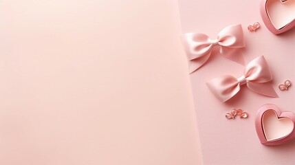 Obraz na płótnie Canvas Romantic Valentine's Day Decorations - Top View Photo of Curly Silk Ribbon, Hearts, Small Gift Boxes, and Letters on Pastel Pink Background. Copy-Space for Love Messages and Promotions